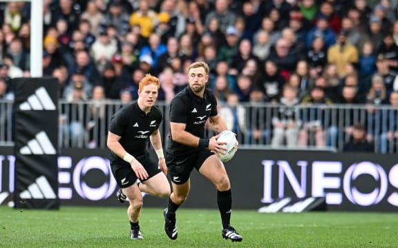Braydon Ennor of the All Blacks with Finlay Christie of the All Blacks in behind during the All Black Vs Australia Bledisloe Cup, Rugby match, Forsyth Barr Stadium, Dunedin, New Zealand. 5th August 2023. © Copyright photo: John Davidson / www.photosport.nz