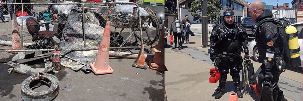 Divers mingled with weekend strollers on the Wellington waterfront as the pile of rubbish began to mount up.