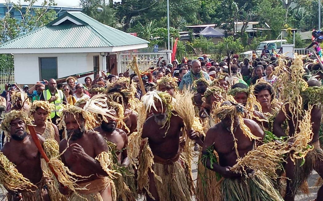 Ni-Vanuatu cultural dancers from Pentecost welcome a 130-strong Kanak delegation from New Caledonia to their accommodation at Lycee Louis Antoine De Bougainville. Port Vila July 2023