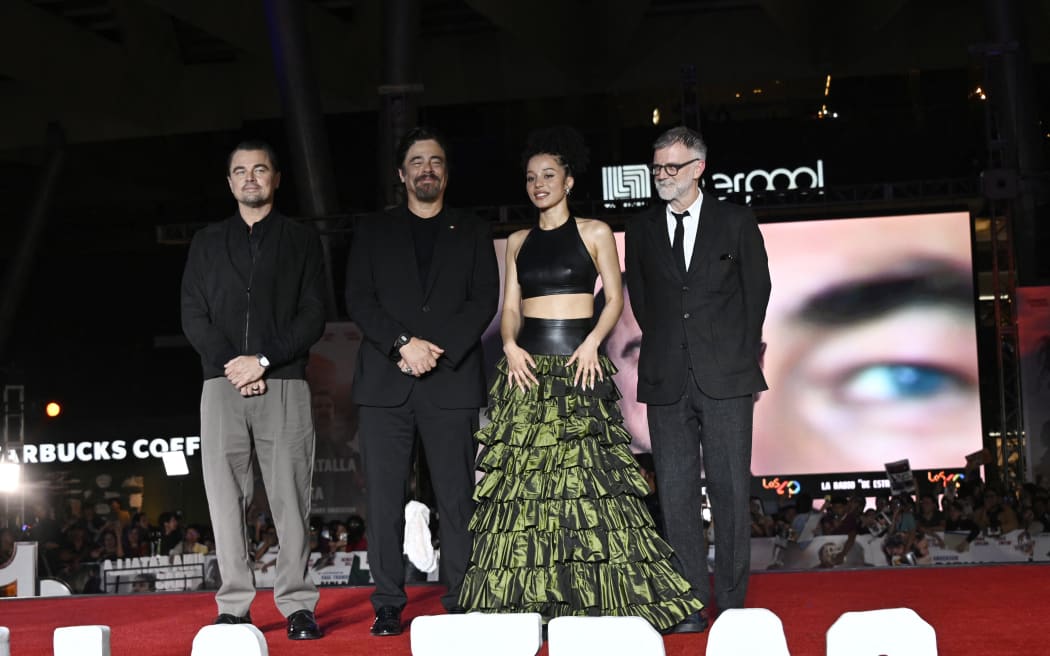 Leonardo DiCaprio, Benicio del Toro, Chase Infiniti, and Director Paul Thomas Anderson attend the red carpet for the 'One Battle After Another' fan event at Toreo Parque Central in Mexico City, Mexico, on September 18, 2025. (Photo by Carlos Tischler/Eyepix Group/NurPhoto) (Photo by Eyepix / NurPhoto via AFP)