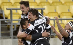 Hawke's Bay players celebrate Robbie Fruean try 2015.