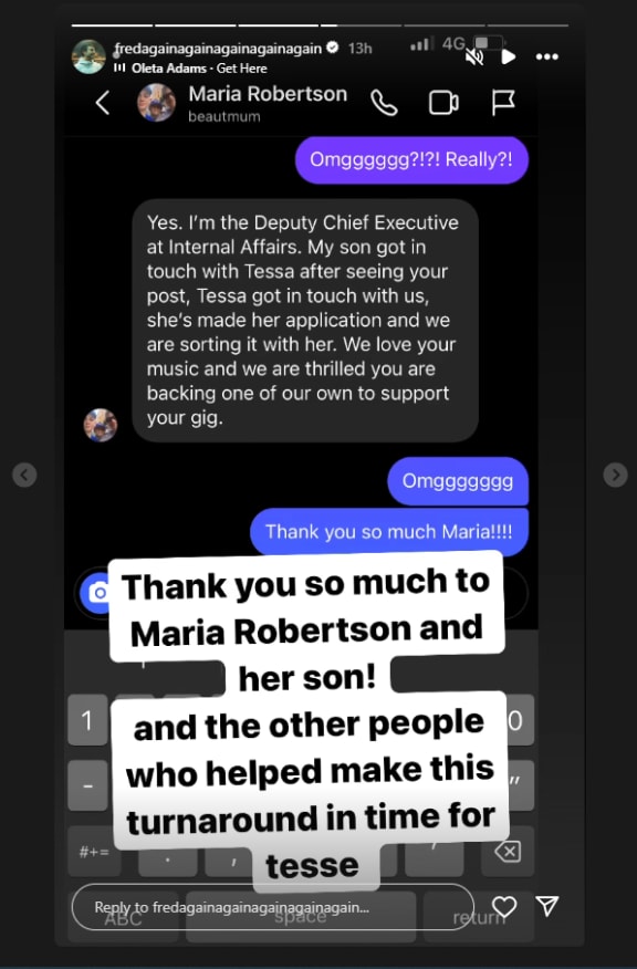 A screenshot of a message between an Internal Affairs official and DJ Fred Again.
