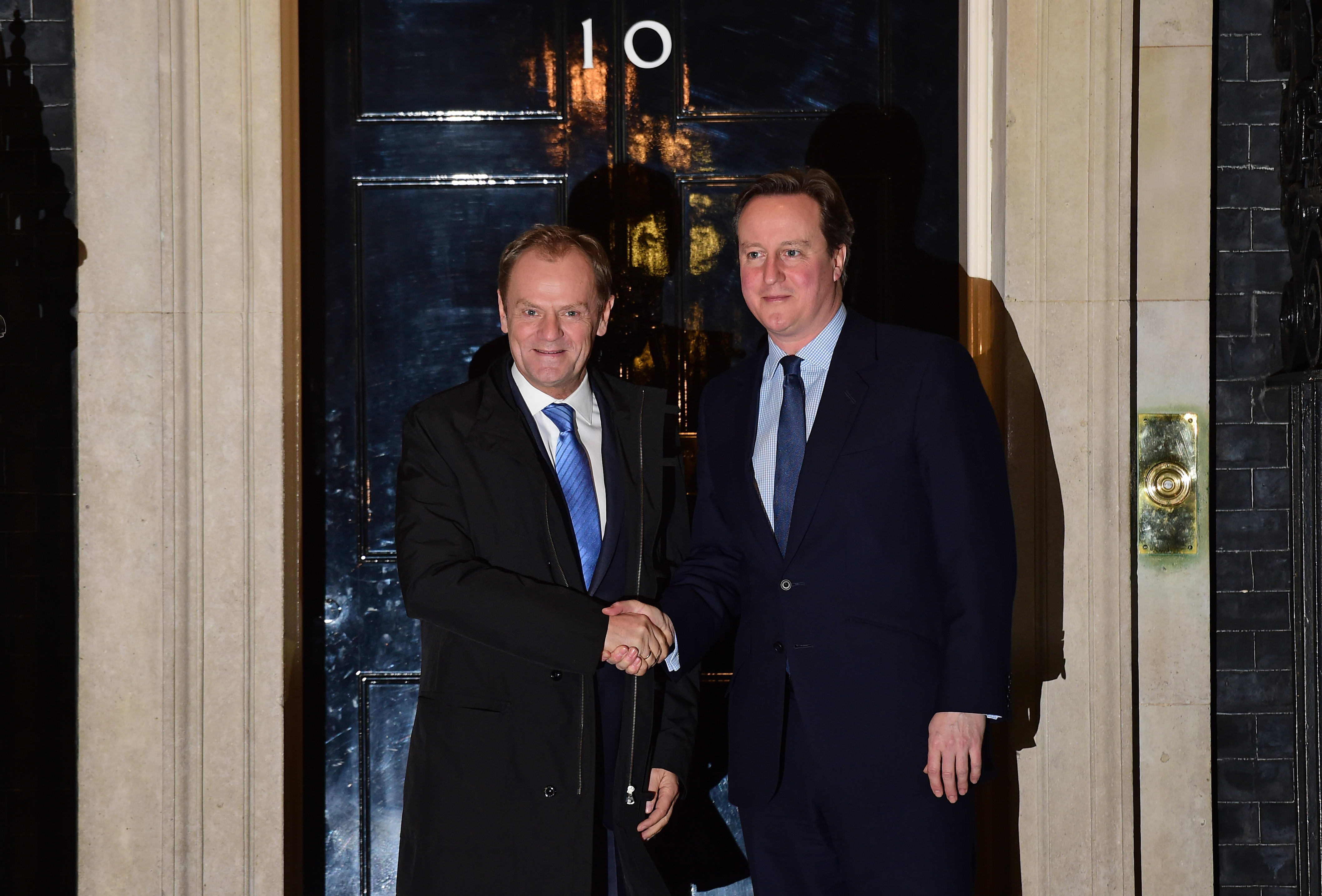 British Prime Minister David Cameron, right, with European Council president Donald Tusk outside 10 Downing Street in central London on 31 January 2016.