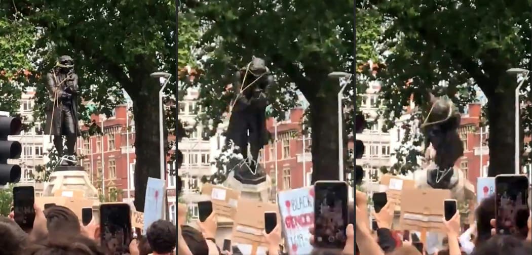 A series of images showing protesters pulling down a statue of slave trader Edward Colston in Bristol.