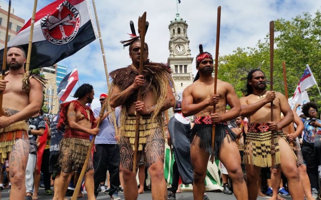 Auckland iwi reps getting ready to lead the march down Queen Street.