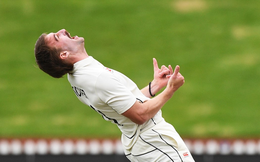 Black Caps bowler Blair Tickner celebrates the dismissal of Angelo Mathews.