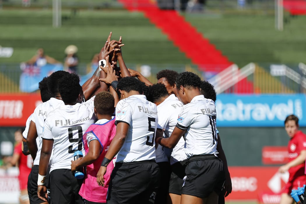 The Fijiana team huddle during the game against Canada in Dubai.
