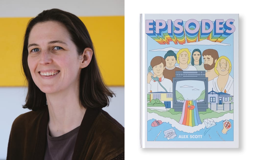 A composite image showing Alex on the left and the cover of "EPISODES" on the right. Alex smiles at the camera, wearing a brown cardigan. The cover of "EPISODES" is brightly coloured, with people, a TV, houses and the ocean swirling underneath it.