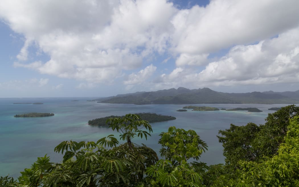 View of small islands of the Marovo Lagoon in Solomon Islands.