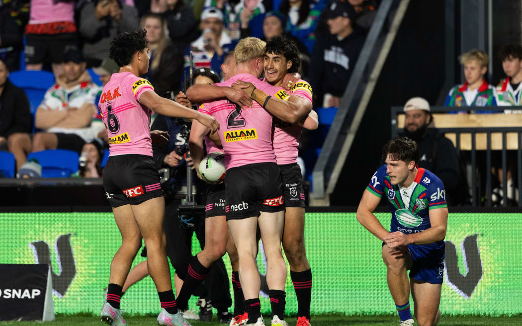 Penrith Panthers winger Thomas Jenkins celebrates after scoring the opening try during the Telstra NRL Telstra Premiership - NZ Warriors v Penrith Panthers.