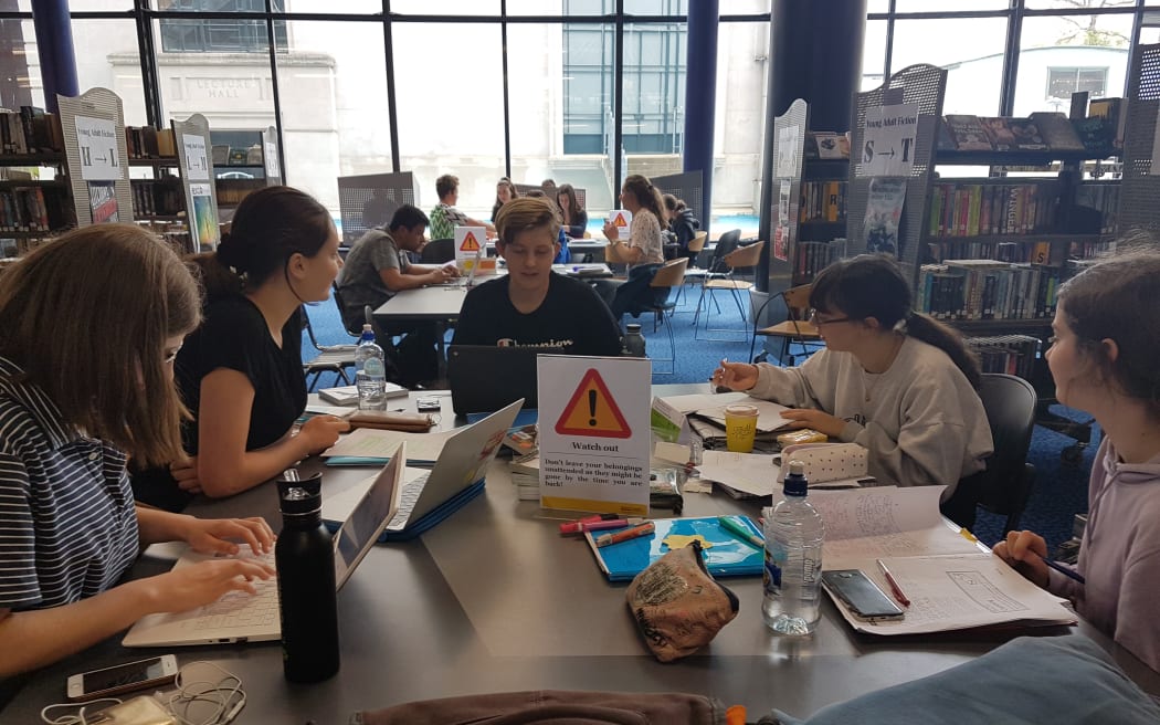 Students (from left) Ella McGovern, Willow Ashby, Brooke Giblin, Nova Waretini-Hewison and Eden Kettles study for their NCEA exams.