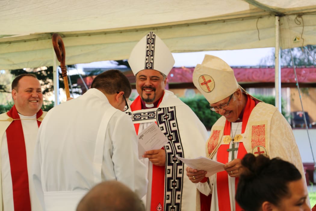 Bishop Don Tamihere at an ordination ceremony, Waikari Marae, Tauranga.