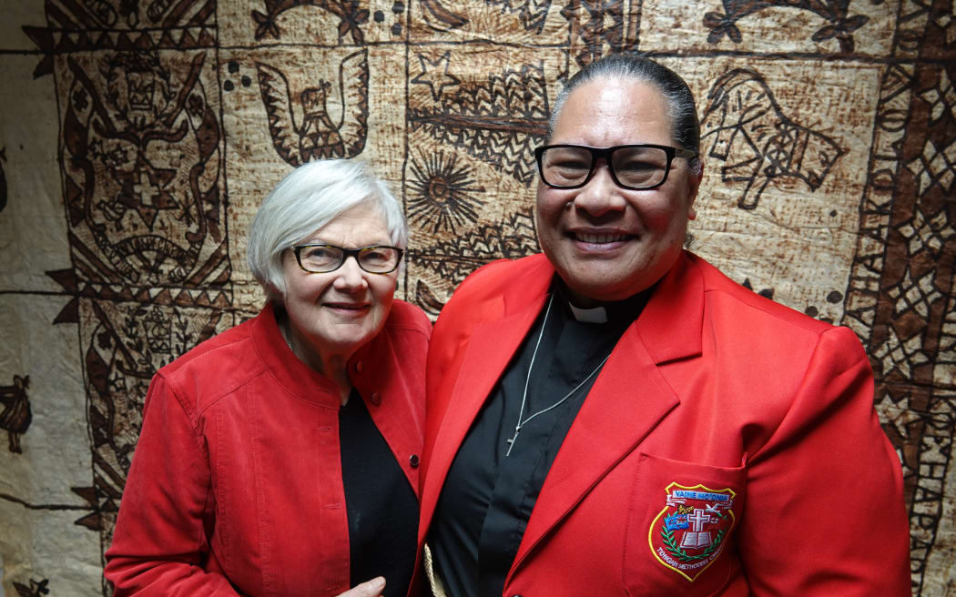 Margaret Hayward, left, says she was delighted to learn of the cloth's history from Sesi Mausia.