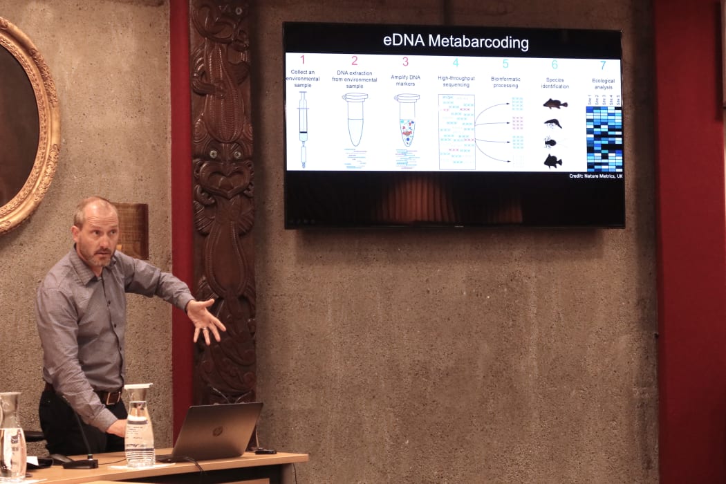 Cawthron Institute marine phylogeneticist Xavier Pochon presenting his report on using DNA to speed up environmental monitoring.
