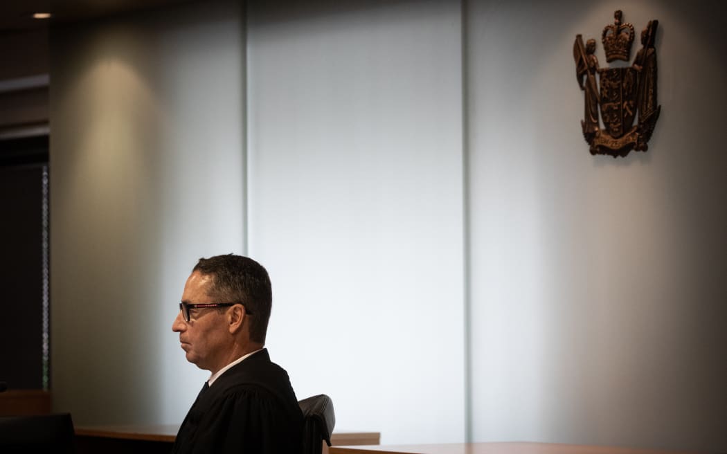 Judge Evangelos Thomas presides over day 2 of the  Whakaari White Island eruption trial at the Auckland Environment Court.
12 July 2023. New Zealand Herald photograph by Jason Oxenham