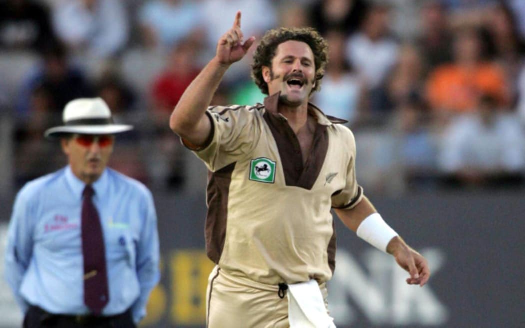 Chris Cairns celebrates a wicket during the Twenty20 International Cricket match between the New Zealand Black Caps and Australia at Eden Park, Auckland, New Zealand on Thursday 17th February, 2005.