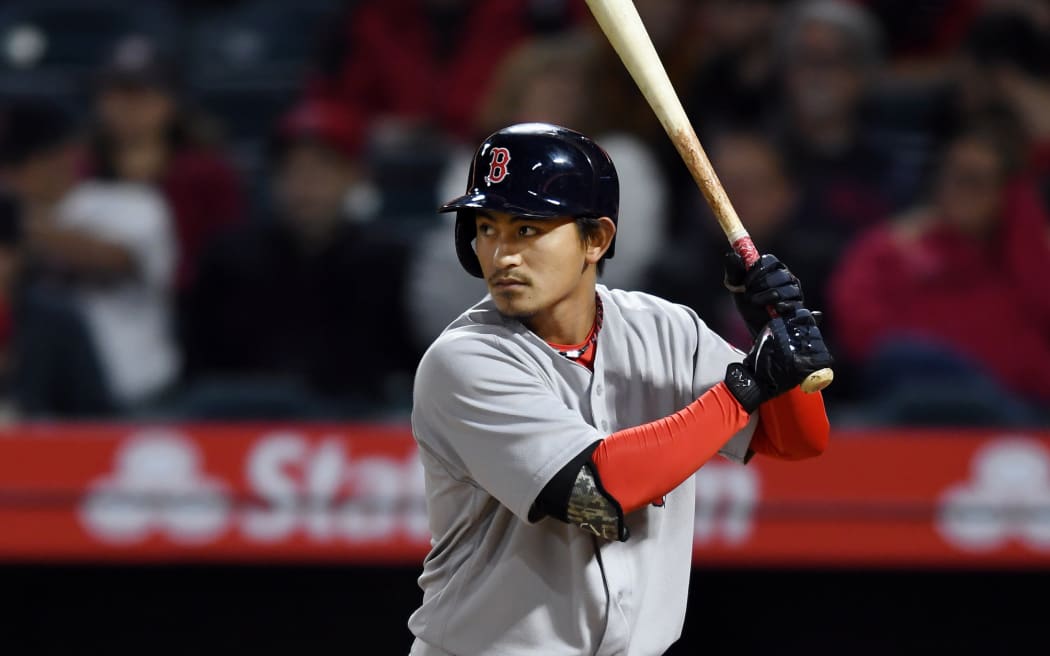 Boston Red Sox infielder Tzu-Wei Lin (5) during an at bat in the eighth inning of a game against the Los Angeles Angels of Anaheim played on April 18, 2018