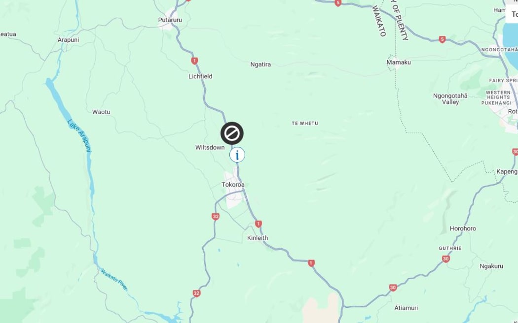 Map of road closure at State Highway 1 north of Tokoroa.