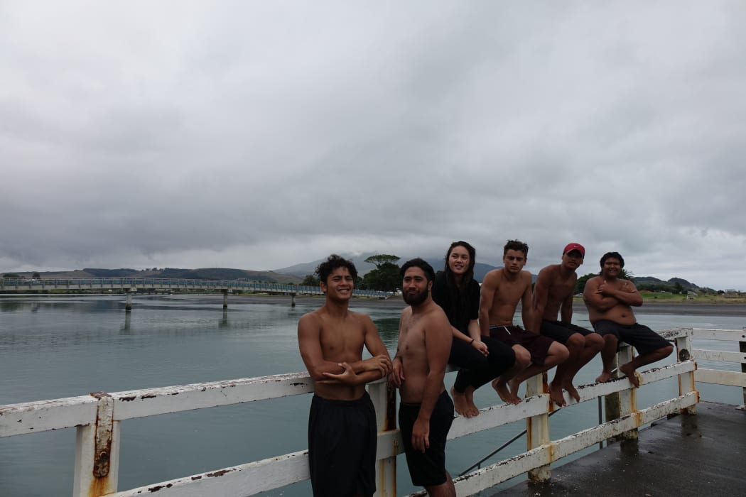 from left Reiki Ruawai, Kaleb Kingi, Tatijana Keefe, Jahvik Ware, Kaedyn Barber, and Mason Tuakiri with Te Kopua footbridge in background.