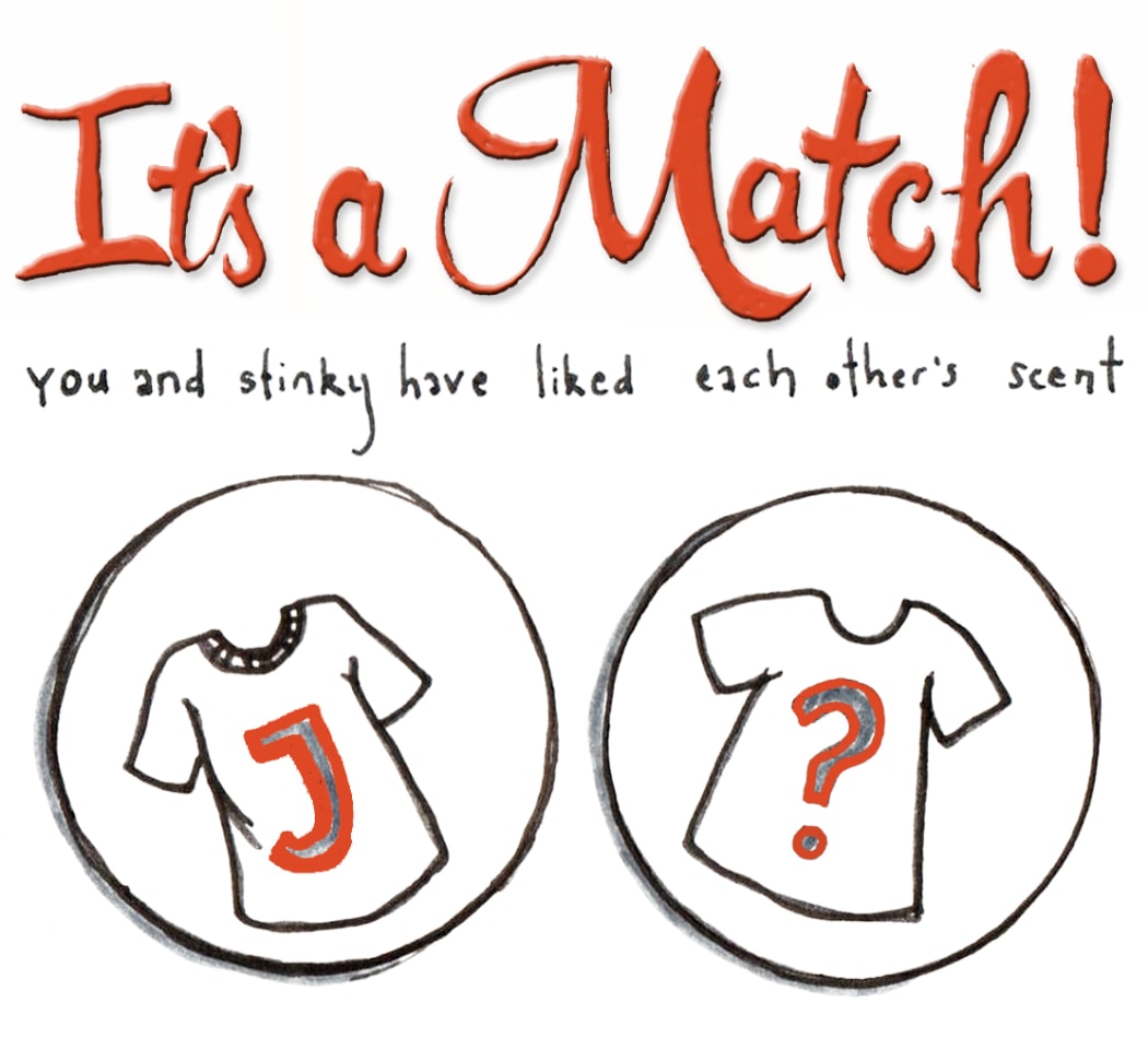 A cartoon of the Tinder logo matching two T-shirts