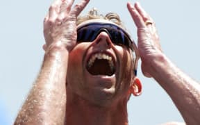 Gold Medalist Hamish Carter shows his delight at winning gold, Athens 2004.