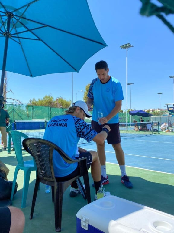 Brett Baudinet offers Colin Sinclair some coaching advice in Jordan.