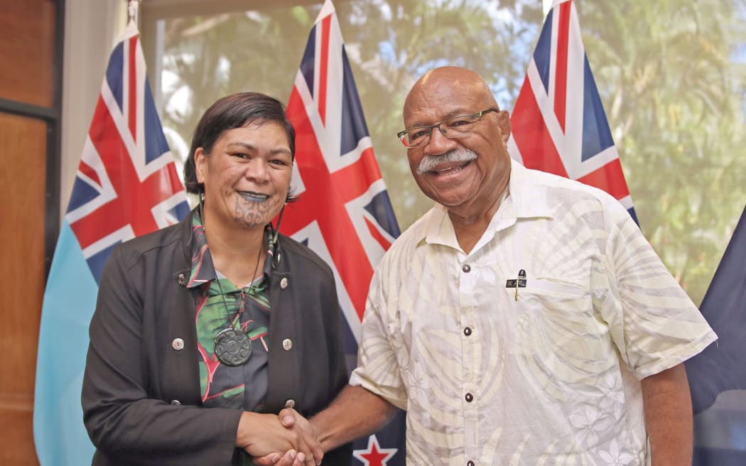 NZ Foreign Minister Nanaia Mahuta and Fiji PM Sitiveni Rabuka in Nadi on 16 March 2013.