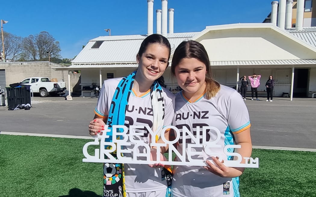Football players Madi McLean and Charlie Elliott Women's at the World Cup launch in Dunedin.