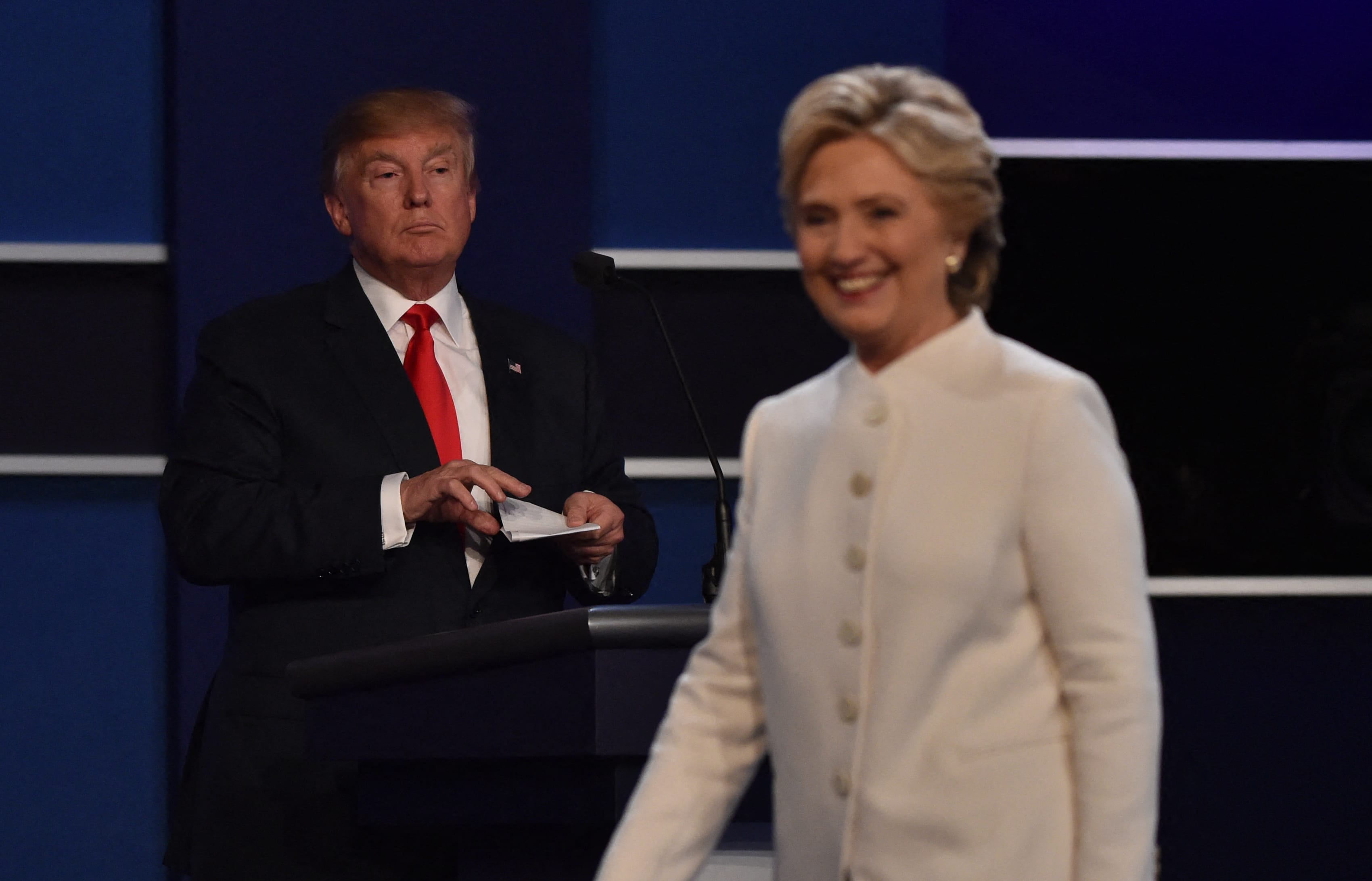 Hillary Clinton and Donald Trump during a presidential debate in Las Vegas, Nevada on 19 October 2016.
