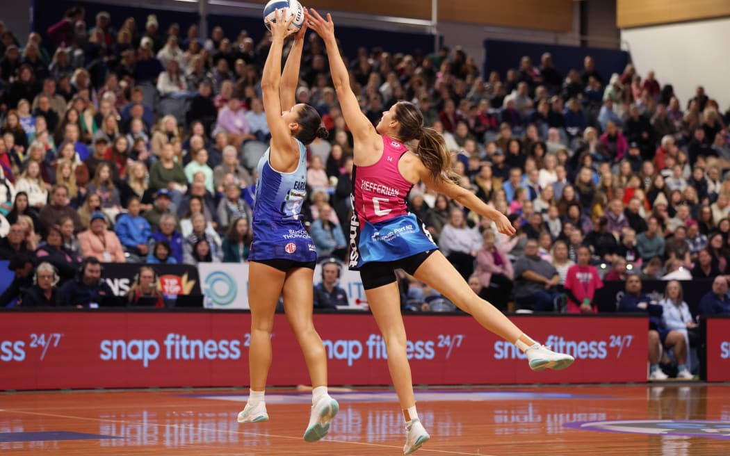 26.05.2024 Steel's Kate Heffernan and Mystics Tayla Earle in action during the Steel v Mystics ANZ Premiership netball match at the Edgar Centre in Dunedin. Mandatory Photo Credit ©Michael Bradley