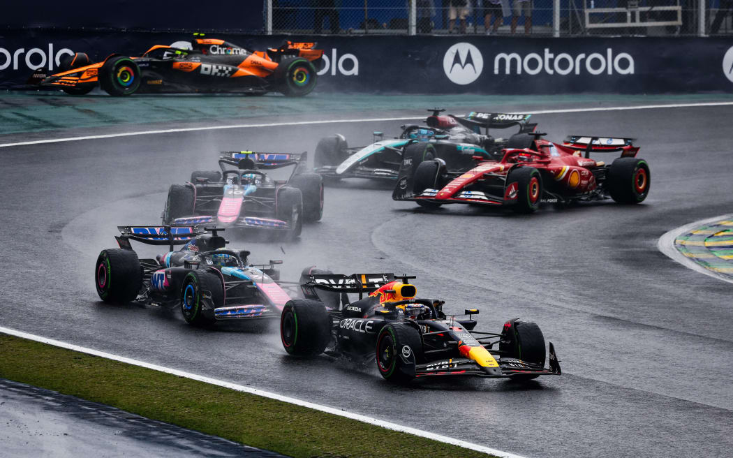 Max Verstappen leads the 2024 Brazil Grand Prix. Interlagos Circuit, in Sao Paulo, Brazil.
