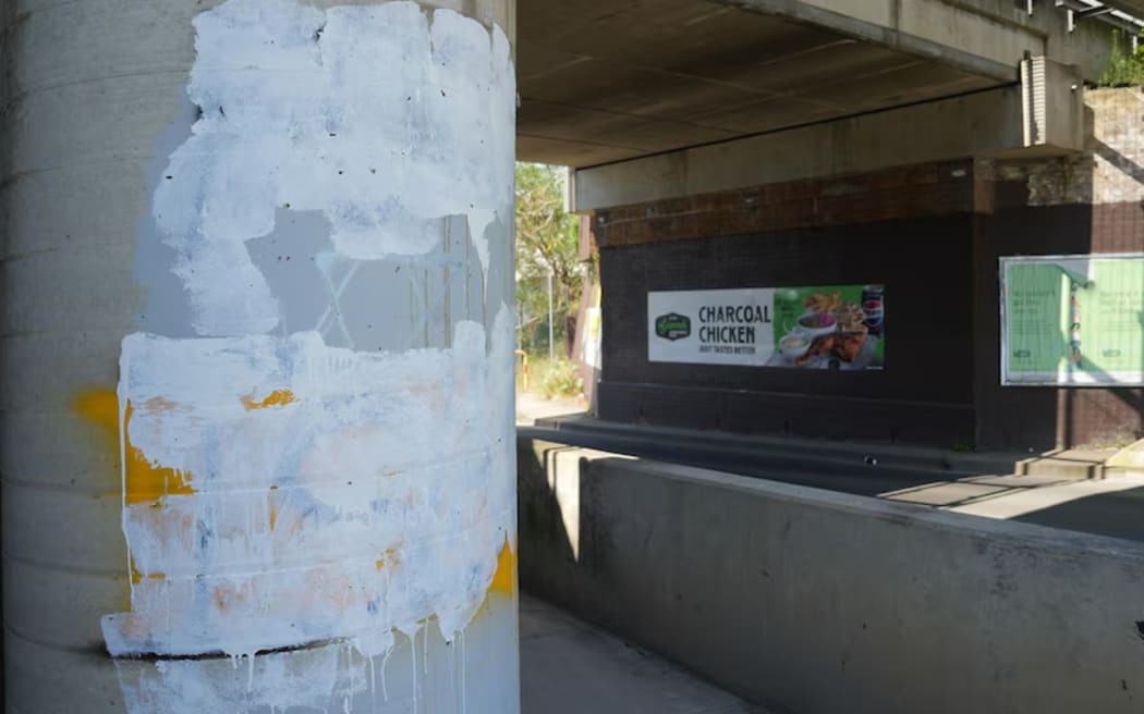 Covered up graffiti at an underpass in Sefton, Sydney, 15 December, 2024