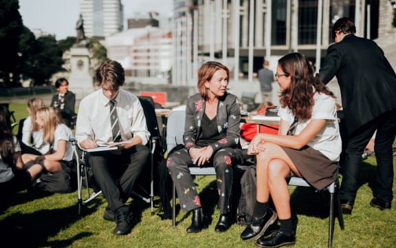 Hutt South MP Ginny Andersen with HVHS head students, Charlotte Leach and Patrick Maslen.