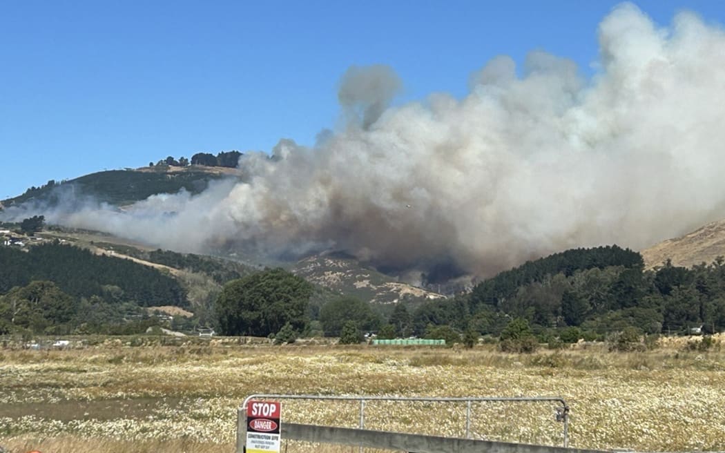 Port Hills fire seen from Sparks Road, Christchurch, on 14 February, 2024.