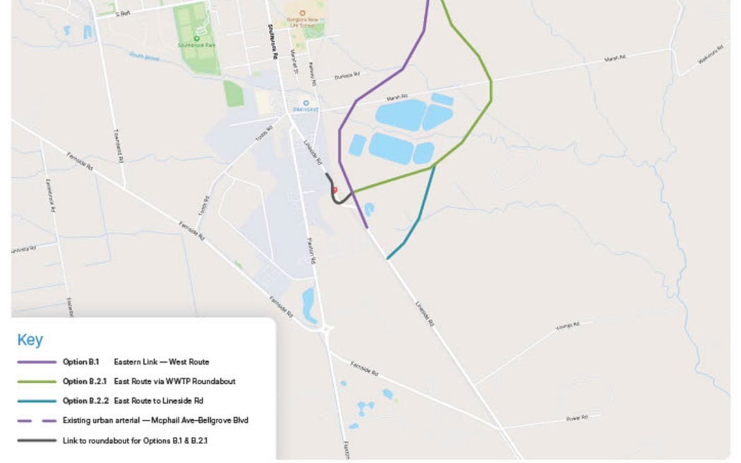 The proposed route for the Rangiora eastern link road project. Image: Waimakariri District Council