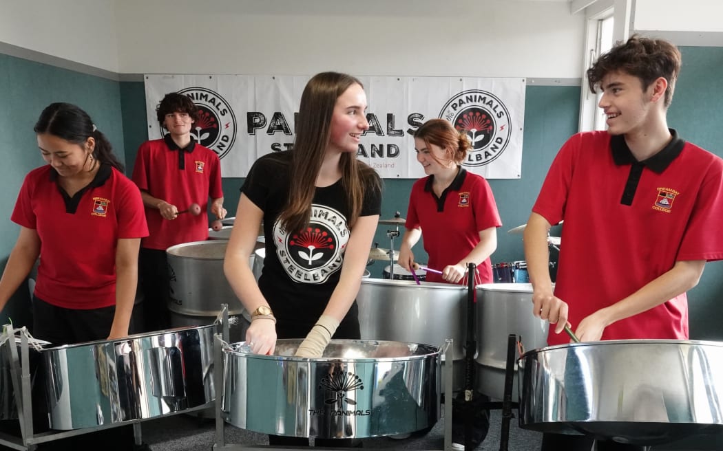 The Panimals are, from left, Irie Garland (seconds), Kaiser Jacoby (bass), Gabriella Uphof (tenor pan), Adara Lunjevich (cello pans) and Harlyn Abraham (tenor pan). Absent in this photo: Levi Williams (drums) and Larissa Tanuvasa (seconds).