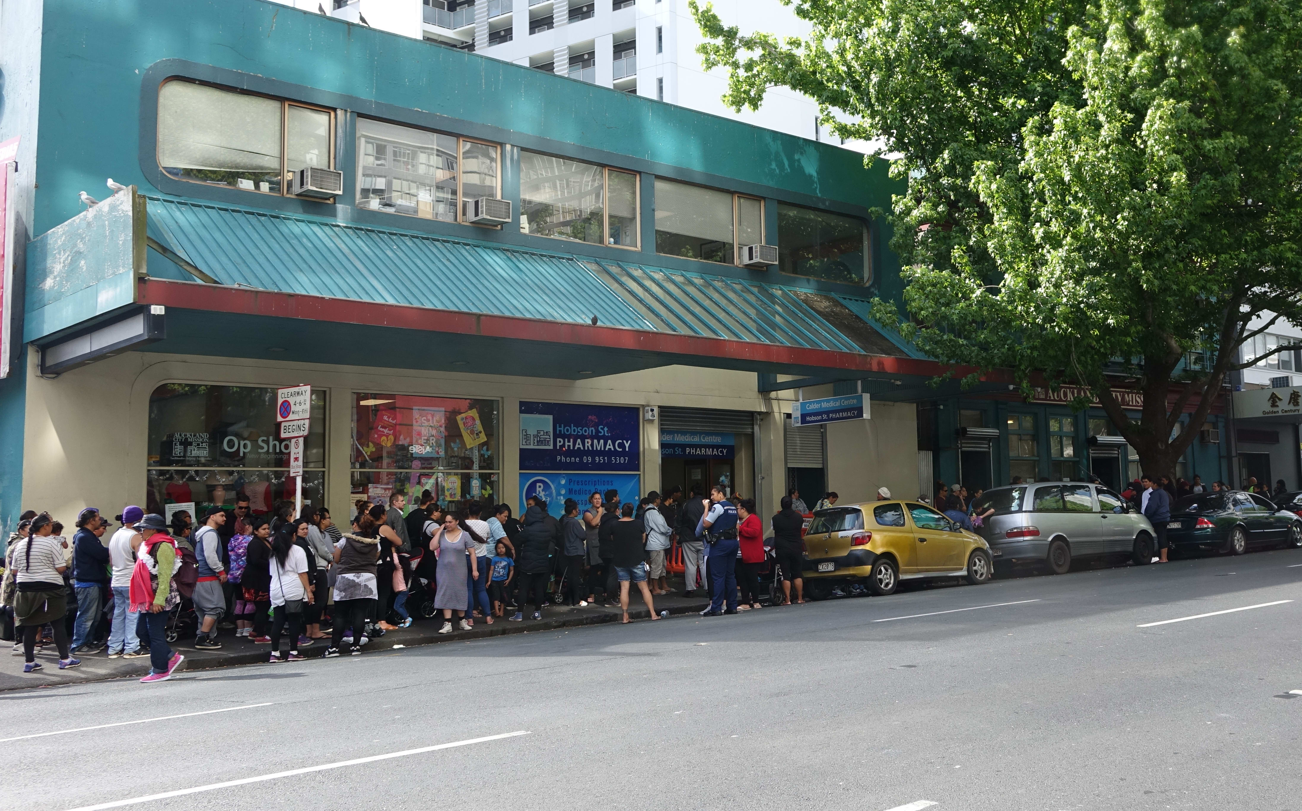 The queue outside Auckland City Mission for the first day of the Christmas foodbank service.