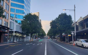 An empty Queen St in Auckland the morning after a Level 4 Covid-19 lockdown was announced.