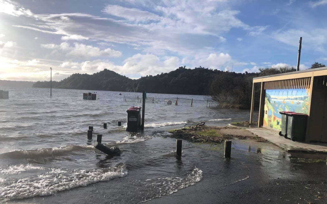 Lake Rotomā is so full, the water is lapping around the public toilets.