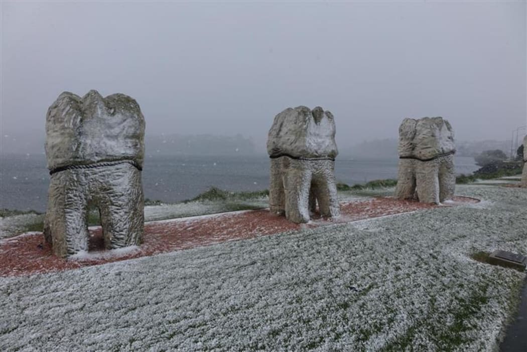 Snow was down to sea level in Dunedin at the Otago Harbour Mouth molar sculpture.