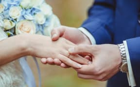 Groom's putting a wedding ring on the bride's finger