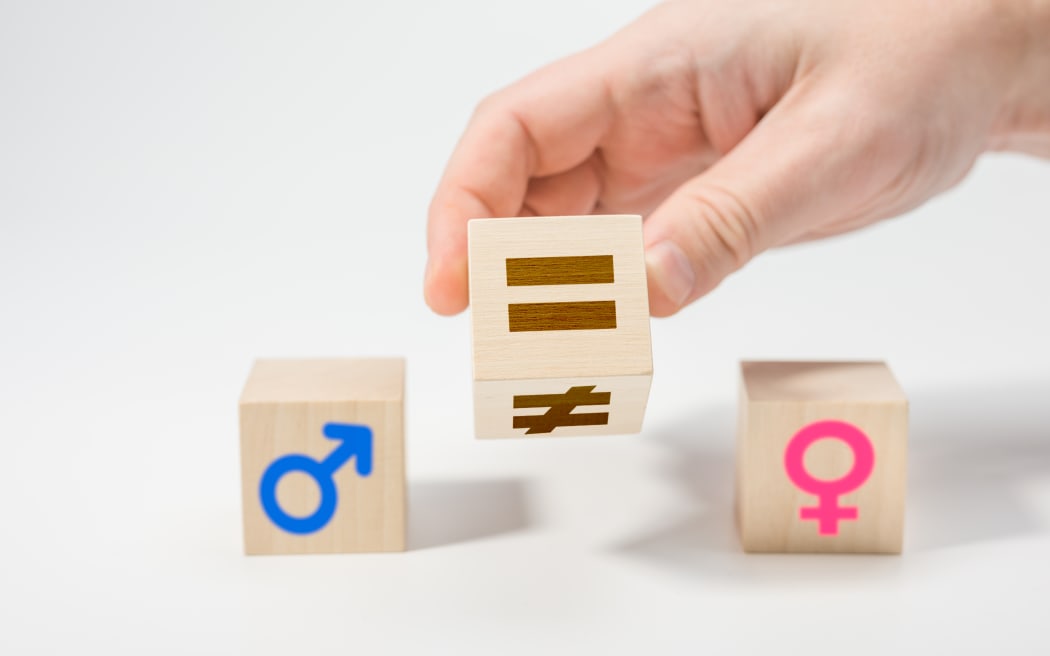 gender equality concept on wooden cubes. Concepts of gender equality. Hand flip wooden cube with symbol unequal change to equal sign. white background