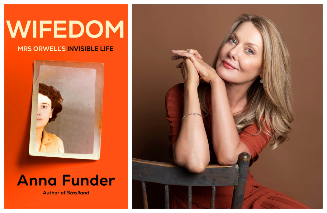 collage of Anna Funder and her book "Wifedom"