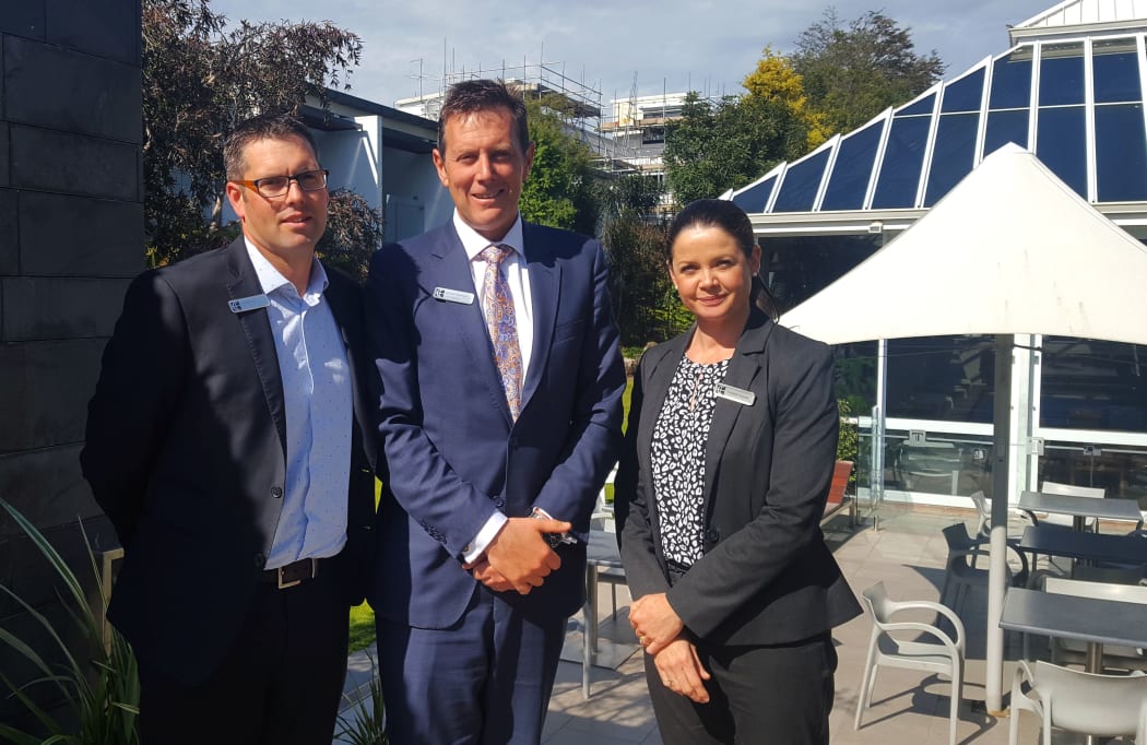 L-R Michael Jane, Michael Paterson and Crystal Tamou of the Commodore Hotel in Christchurch
