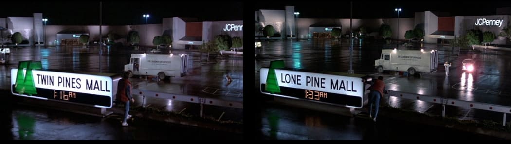 Mall signs from the beginning and end of the movie showing the change from Twin Pines  to Lone Pine.