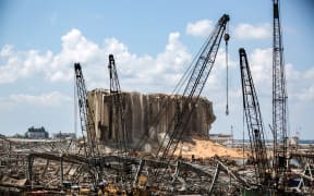 Damaged grain silos opposite the blast site of a massive explosion at Beirut port.