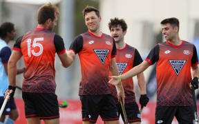 Hauraki Mavericks players celebrate during their Men's Premier Hockey League match against the Northern Tridents at Waikato Hockey, Hamilton, New Zealand. Thursday 19 November 2020.