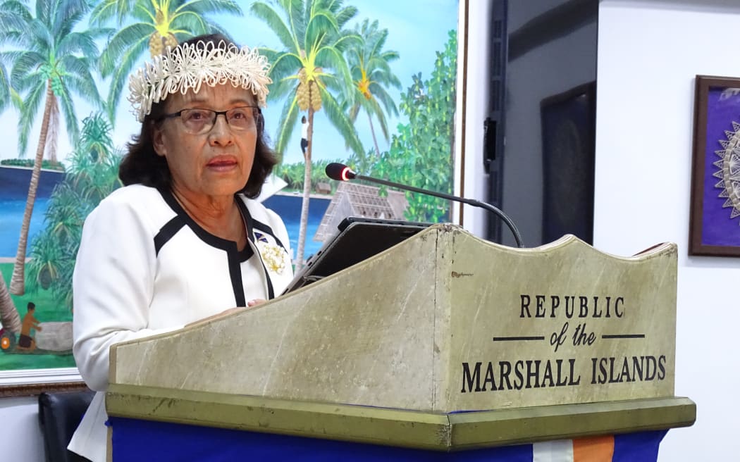 New President Hilda Heine spoke at the Nitijela (parliament) chamber after being sworn in for her second term in office January 3. Photo Hilary Hosia.