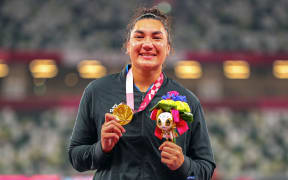 Lisa Adams winner of the women's F37 shot put with her gold medal during the medal ceremony at the Tokyo 2020 Paralympic Games, Tokyo, Japan, Saturday 28 August 2021.