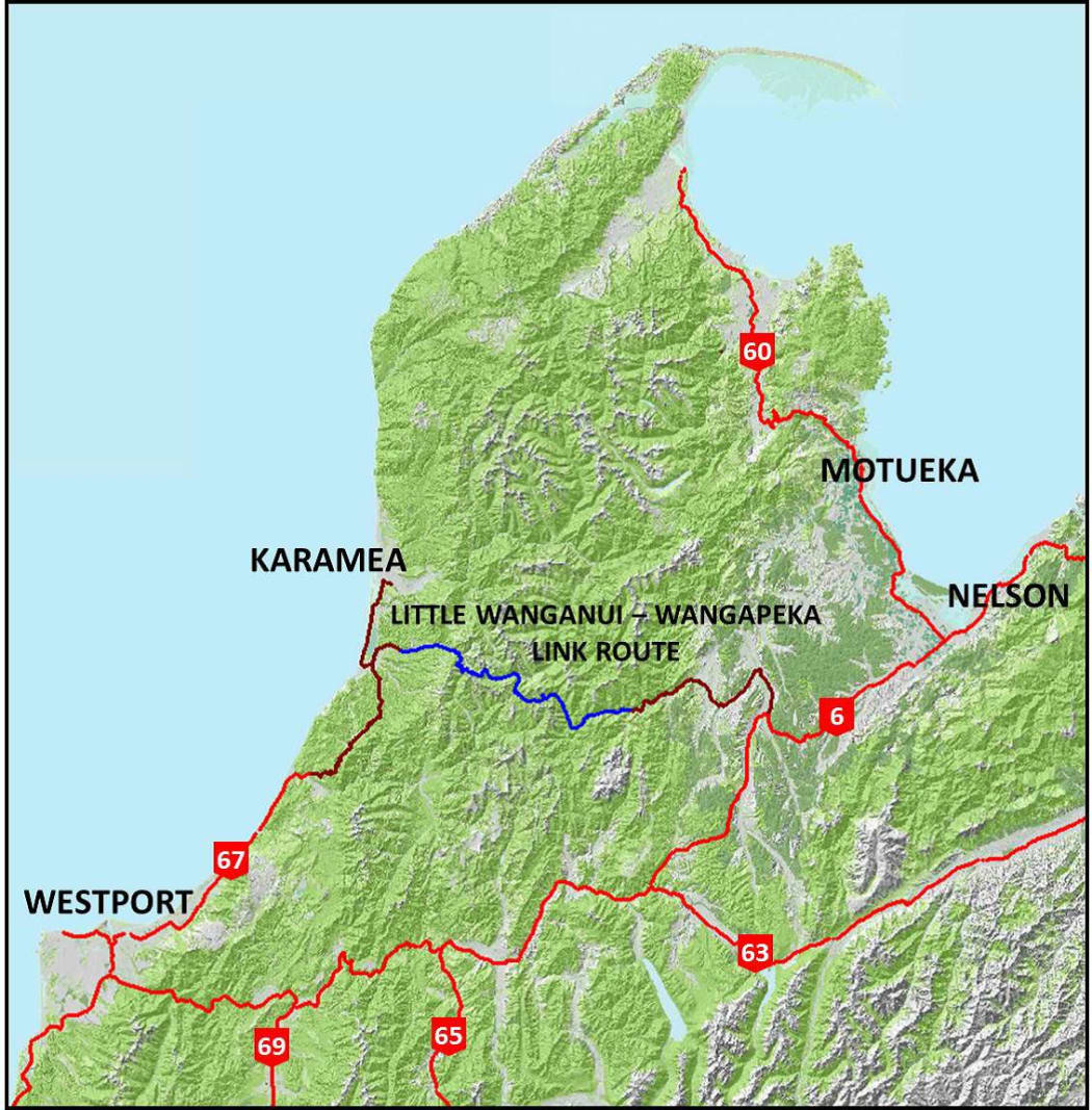 A map showing the proposed new road through Kahurangi National Park